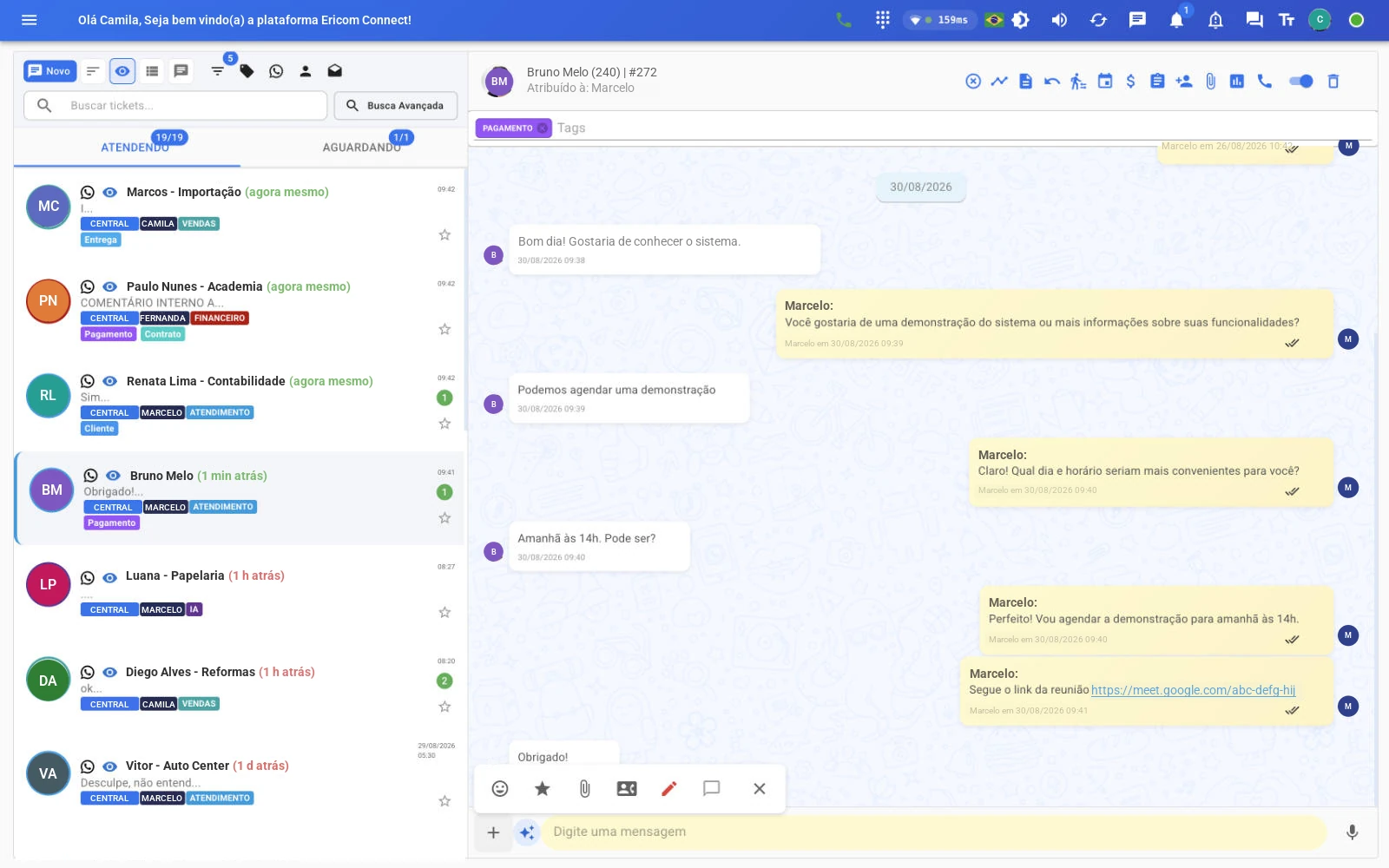 Tela de atendimentos do Ericom Connect com conversas de vários canais